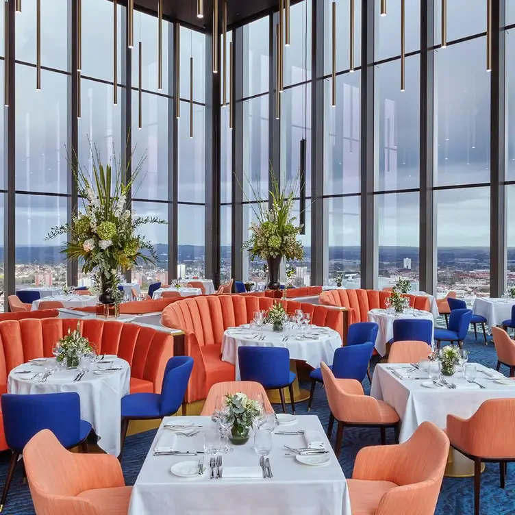 The beautiful layout and panoramic city views from the dining room at Orelle Birmingham, one of the best romantic restaurants in Birmingham.