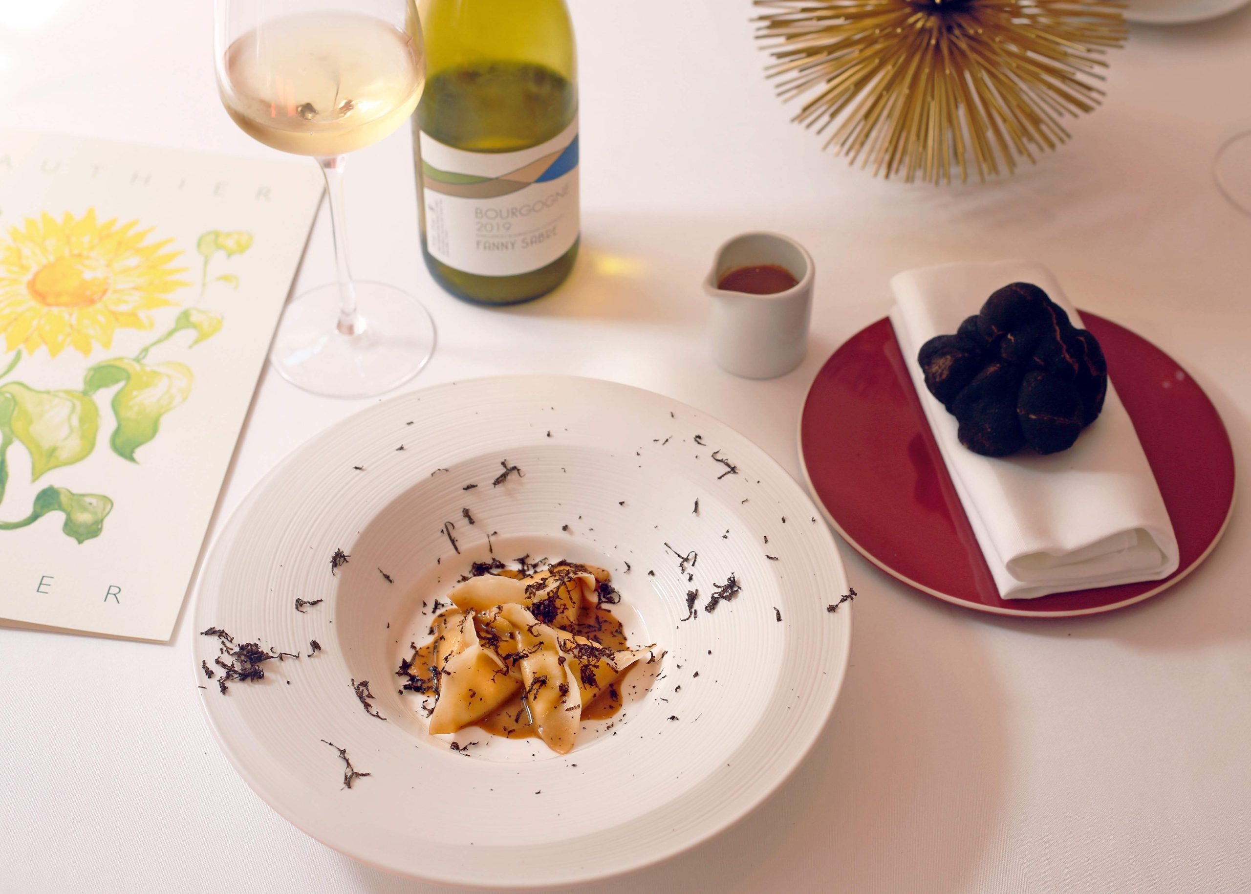 Vegan black truffle dish with white waine pairing at Gauthier Soho restaurant, London