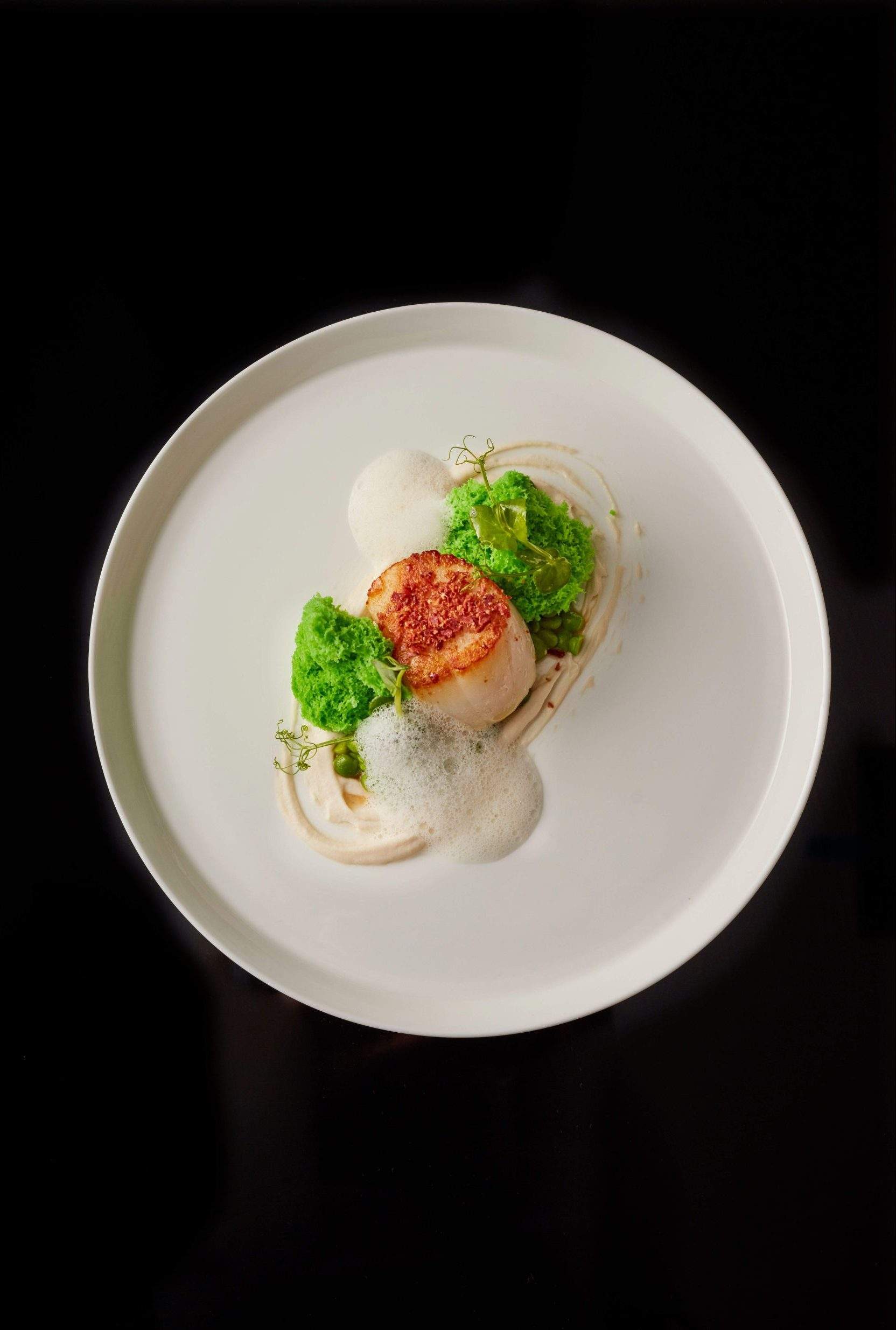 A white plate with a scallop, white mousse, and a green peas purée at Le Gavroche, a restaurant in London