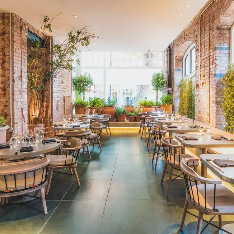 A glass and brick-walled atrium dining area at Bloomsbury Street Kitchen, one of the best Christmas restaurants in London.