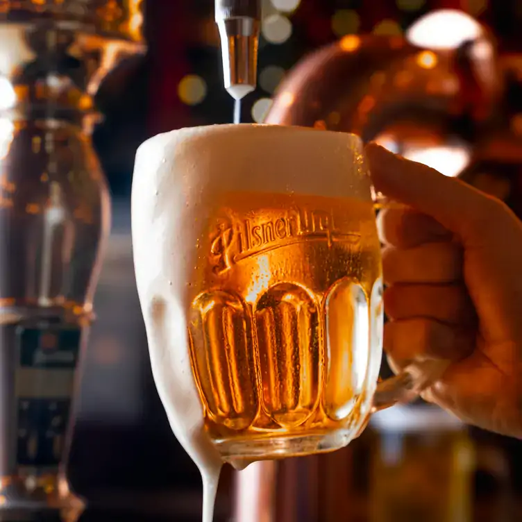 A pint of lager being poured from a tap behind the bar at Albert’s Schloss, one of the best festive restaurants in London.