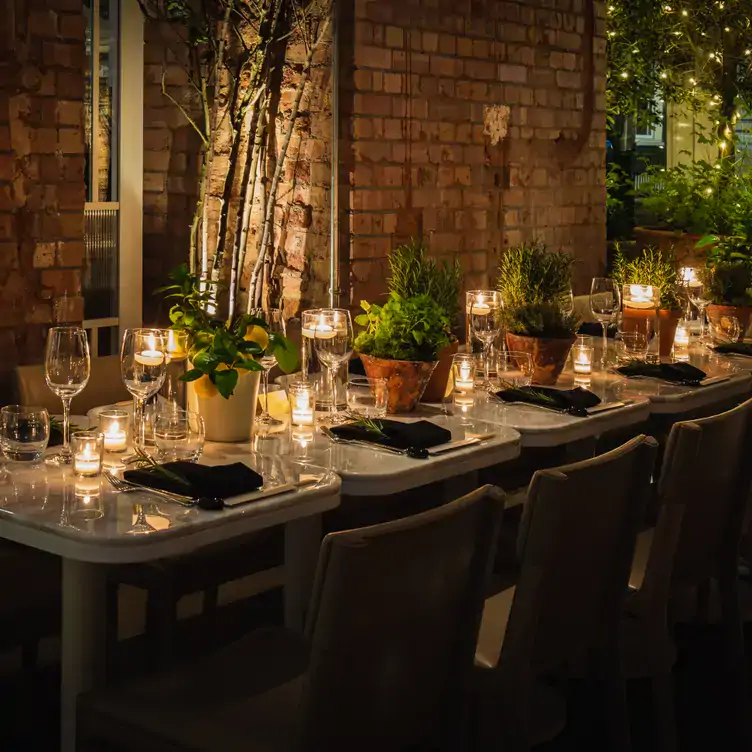 Four tables set for dining at Bloomsbury Street Kitchen, one of the best restaurants for Christmas in London, with exposed brick walls and indoor plants.