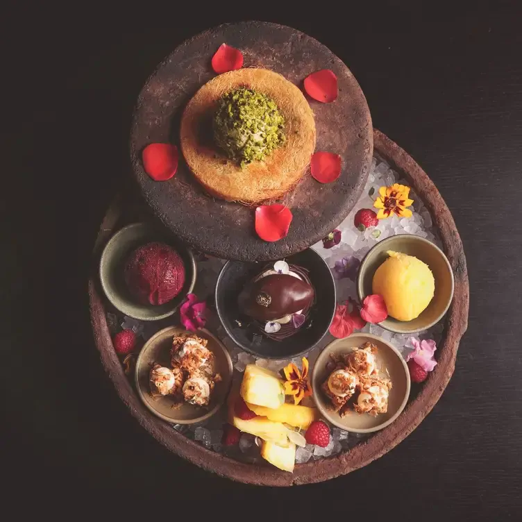 A range of colourful starters presented on a tray at Rüya London, one of London’s best Turkish restaurants.