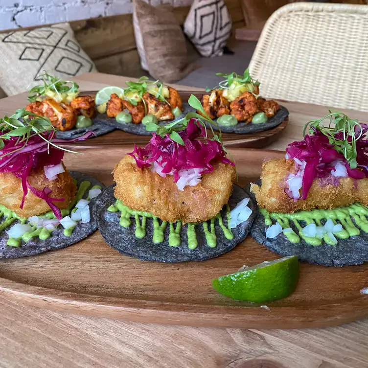 Colourful fish and meat tacos with guacamole and green salad on top at Amiga, one of the best Mexican restaurants in London.