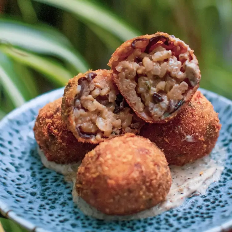 A plate of arancini balls against a leafy green background at Drury Buildings, one of the best pubs in Dublin.