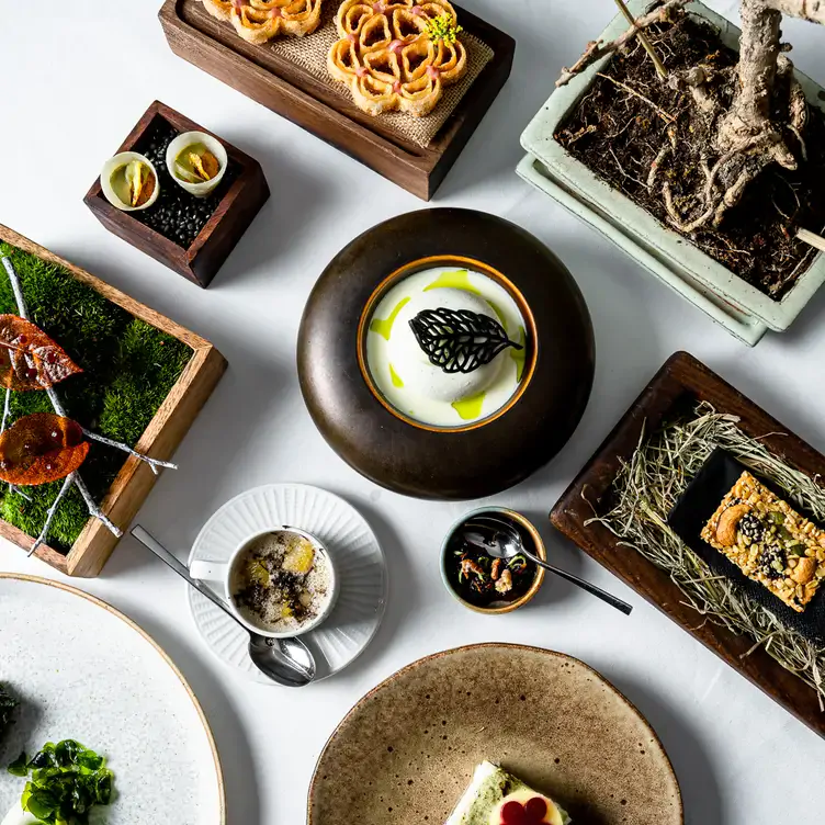 A spread of Indian dishes, some garnished with intricate decorations, surrounded by plant life at Benares, one of the best MICHELIN star restaurants in London.