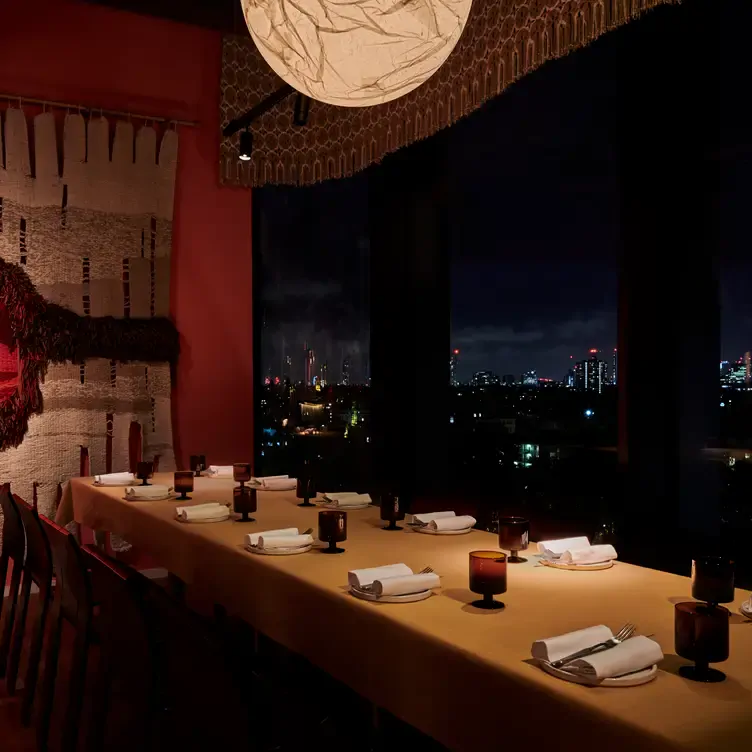 The interior of the restaurant, with seating and tables, at Decimo at The Standard, London.