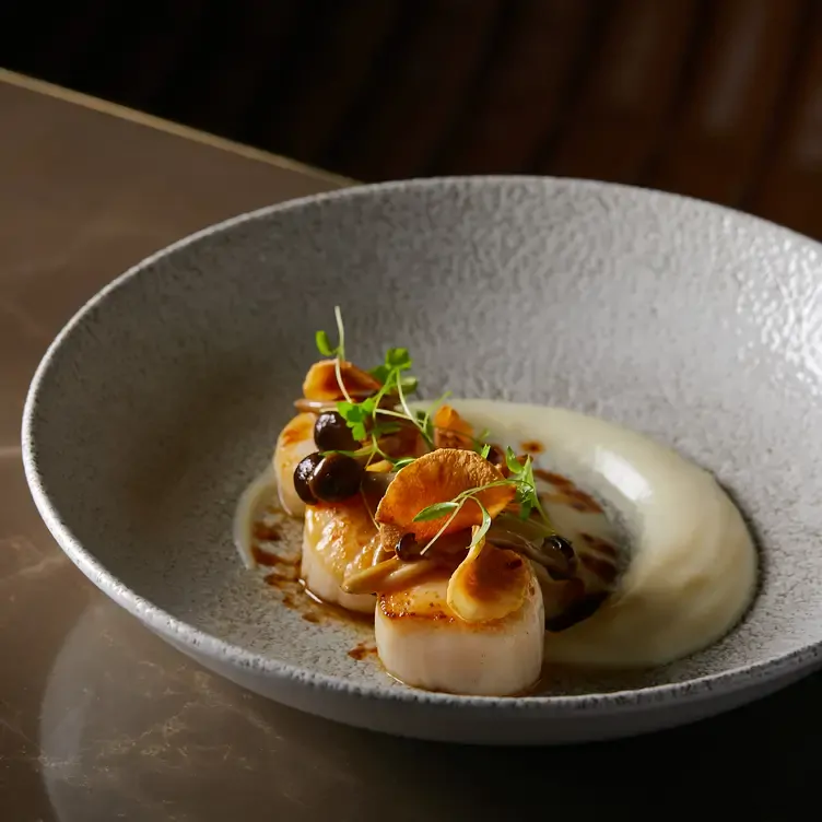 A seared scallops starter in a white bowl at Bocconcino, one the best live music restaurants in London.