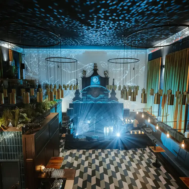 A view of the stage and dancefloor from the balcony at Amazing Grace London, one of the best live music restaurants in London.