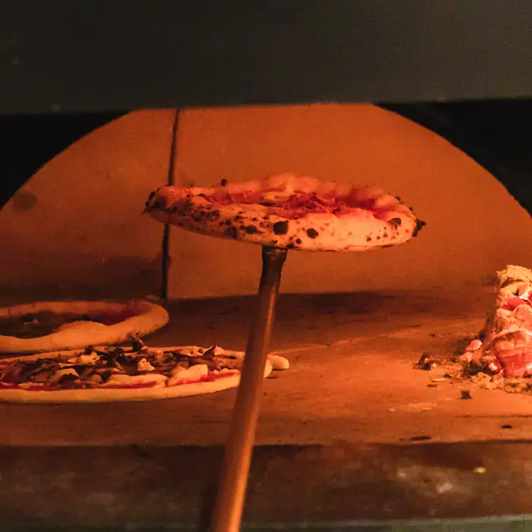 A pizza being taken out of the wood-fired oven at The Dolphin, one of the best beer gardens in southeast London.