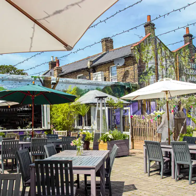 Tables on the patio at The Clissold Arms, one of the best beer gardens in the city of London.