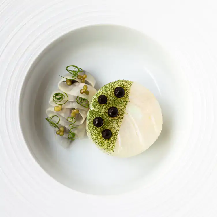 A white fish dish with garnish and green dressing at Restaurant Gordon Ramsay, one of the best restaurants in Chelsea, London.