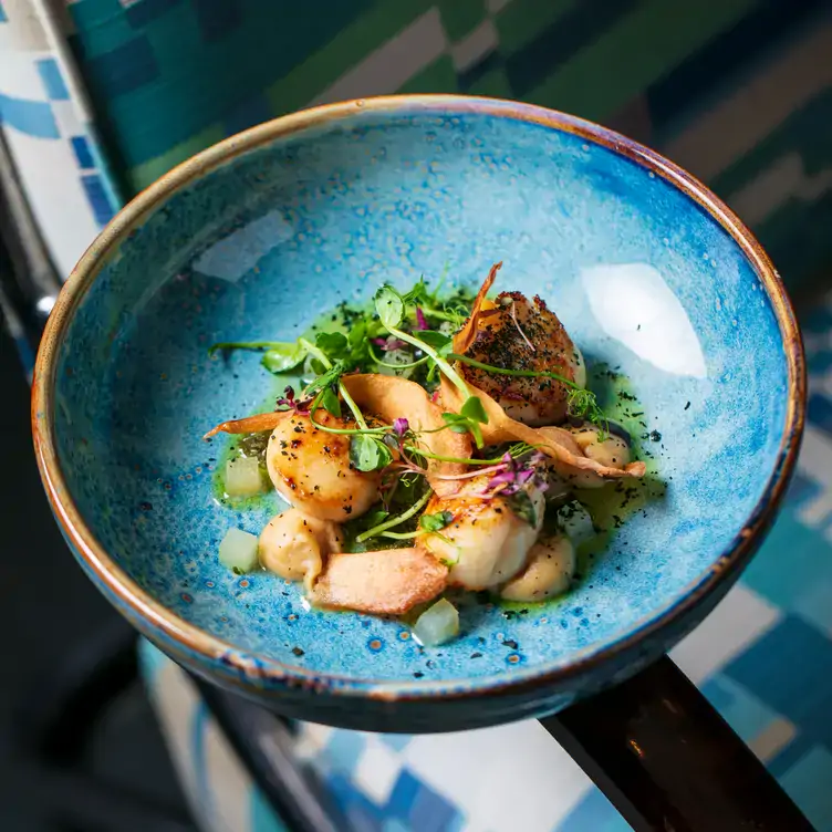 A scallop dish with salad garnish at Bluebird Chelsea Restaurant, one of the best restaurants in Chelsea, London.