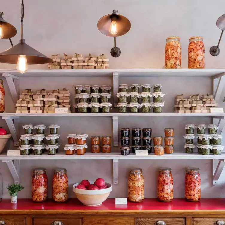 Shelves hold jars and containers of herbs and pickled vegetables at Villa Mama’s in Chelsea.