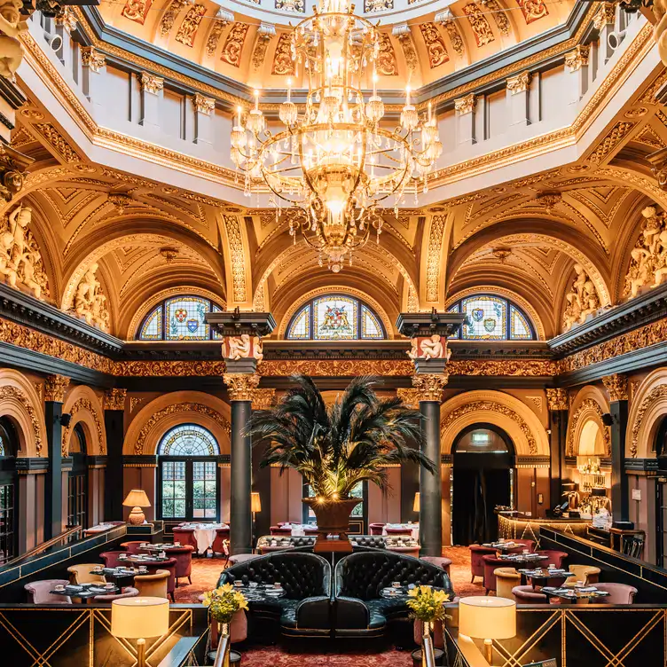 The interior of The Merchant Hotel, one of the most beautiful restaurants in the UK, with a golden chandelier, a large central plant and plush leather seating.