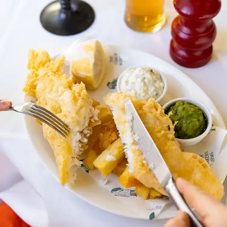 Fish and chips at Fish and chips at The Coach Makers Arms Pub Marylebone